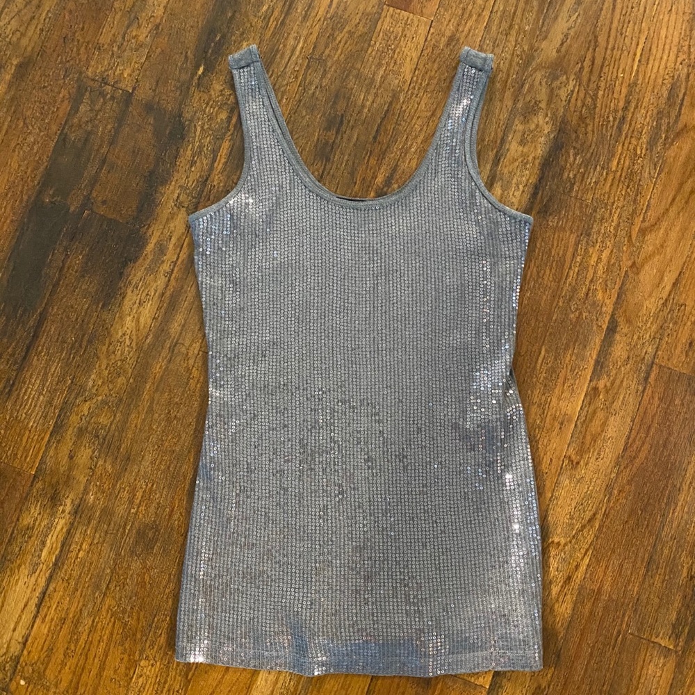 Express Soft Gray Sequin-Front Tank Top